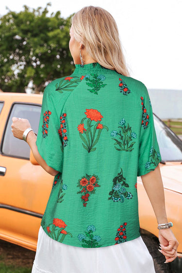 Green Floral Buttoned V Neck Short Sleeve Blouse